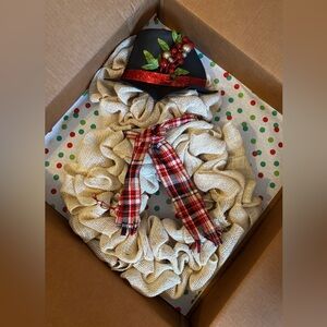 Festive Burlap Snowman Wreath with Plaid Scarf